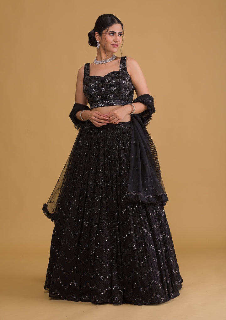 Black Sequins Georgette Designer Lehenga-Koskii