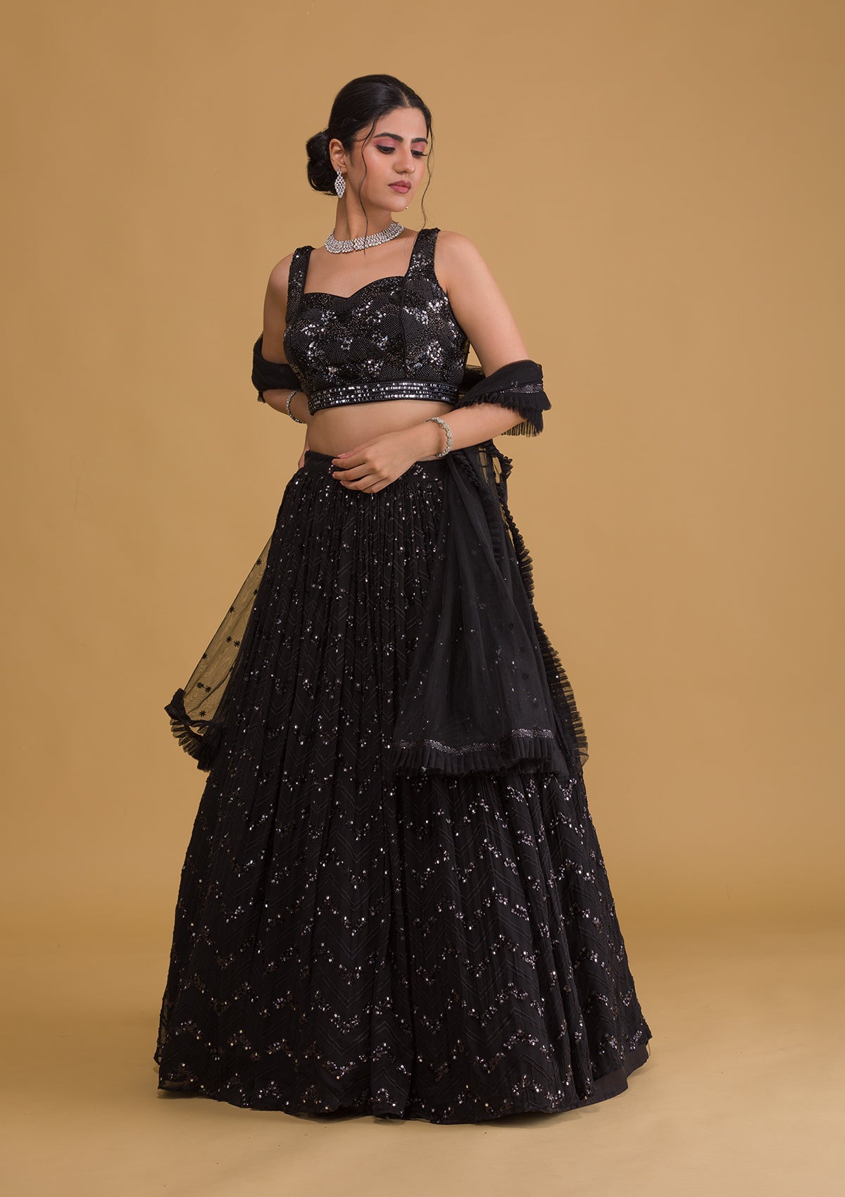 Black Sequins Georgette Designer Lehenga-Koskii