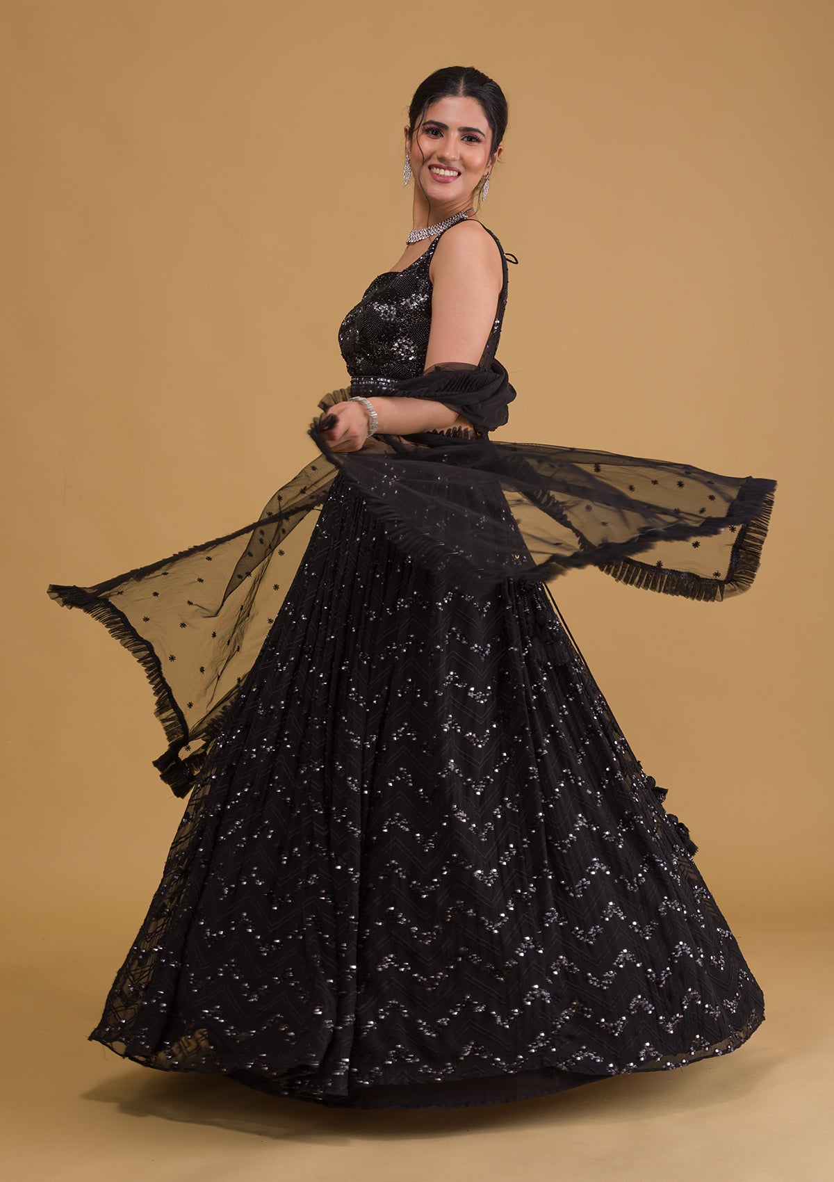 Black Sequins Georgette Designer Lehenga-Koskii