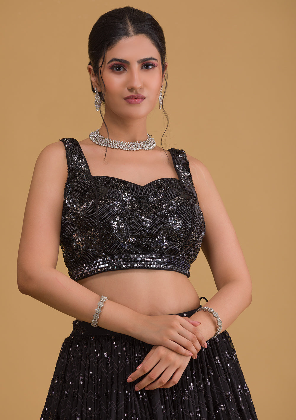 Black Sequins Georgette Designer Lehenga-Koskii