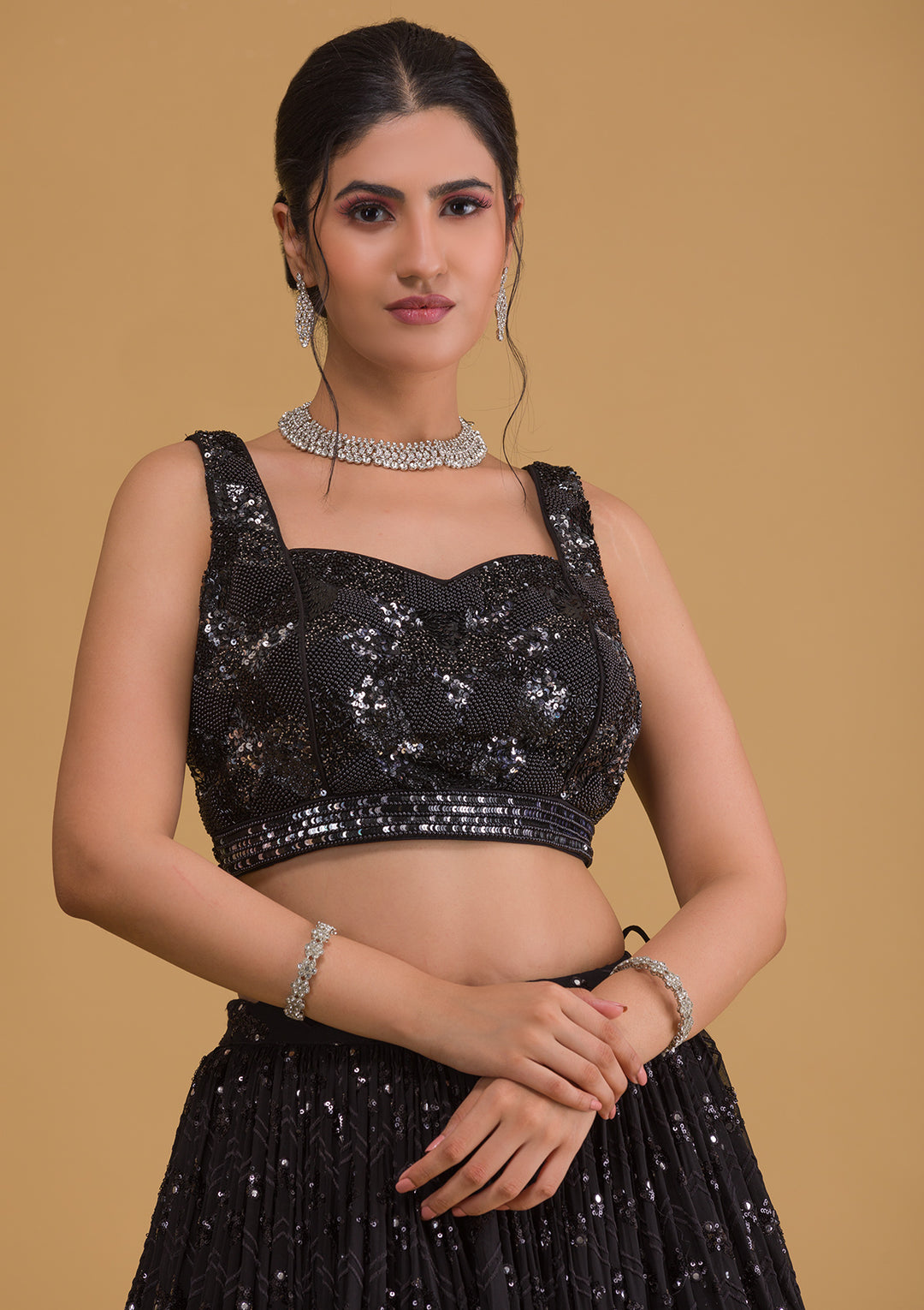 Black Sequins Georgette Designer Lehenga-Koskii