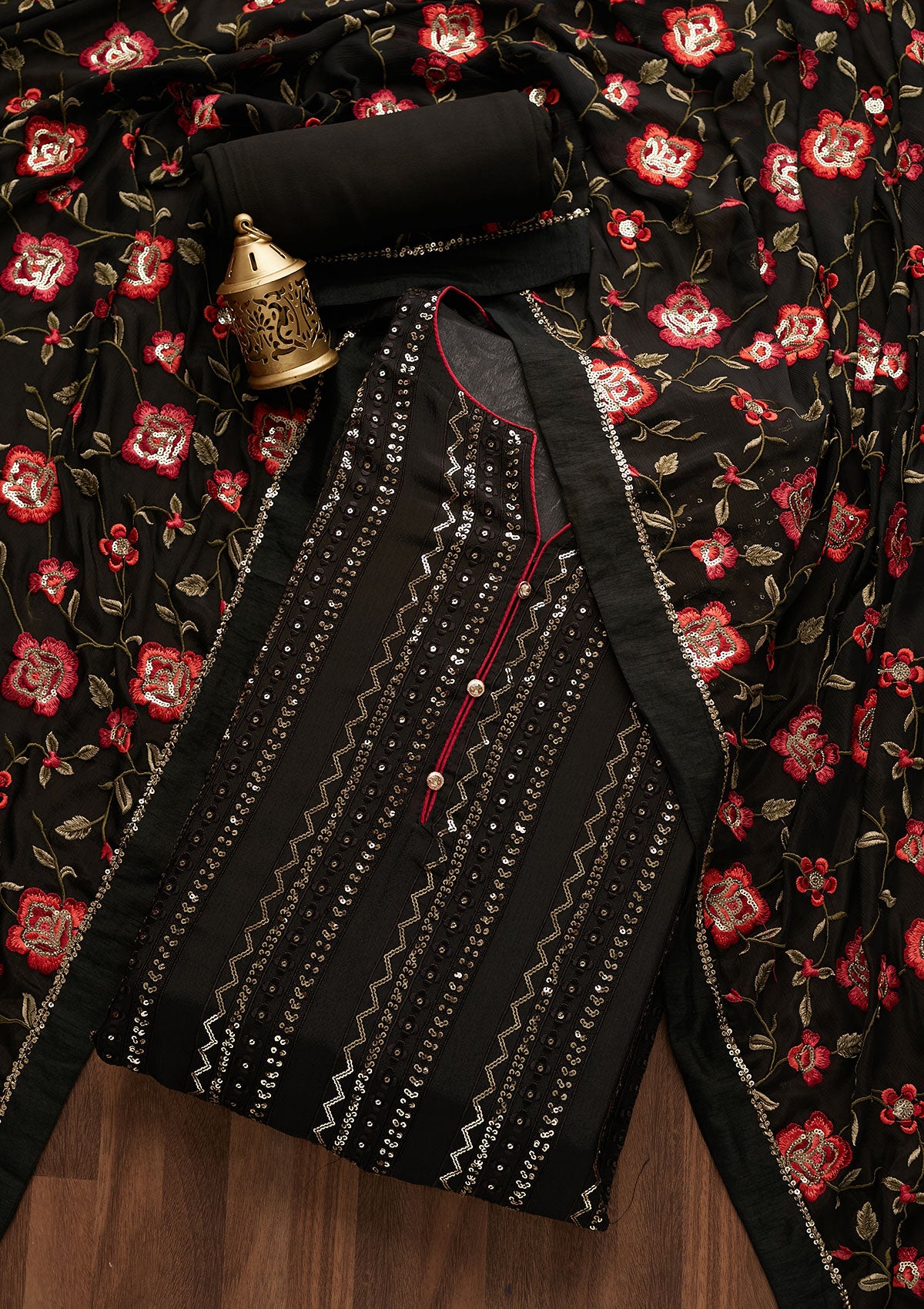 Black Sequins Georgette Designer Semi-Stitched Salwar Suit - Koskii