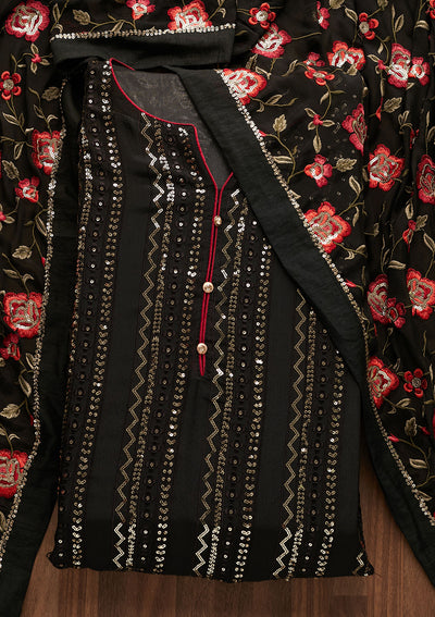 Black Sequins Georgette Designer Semi-Stitched Salwar Suit - Koskii