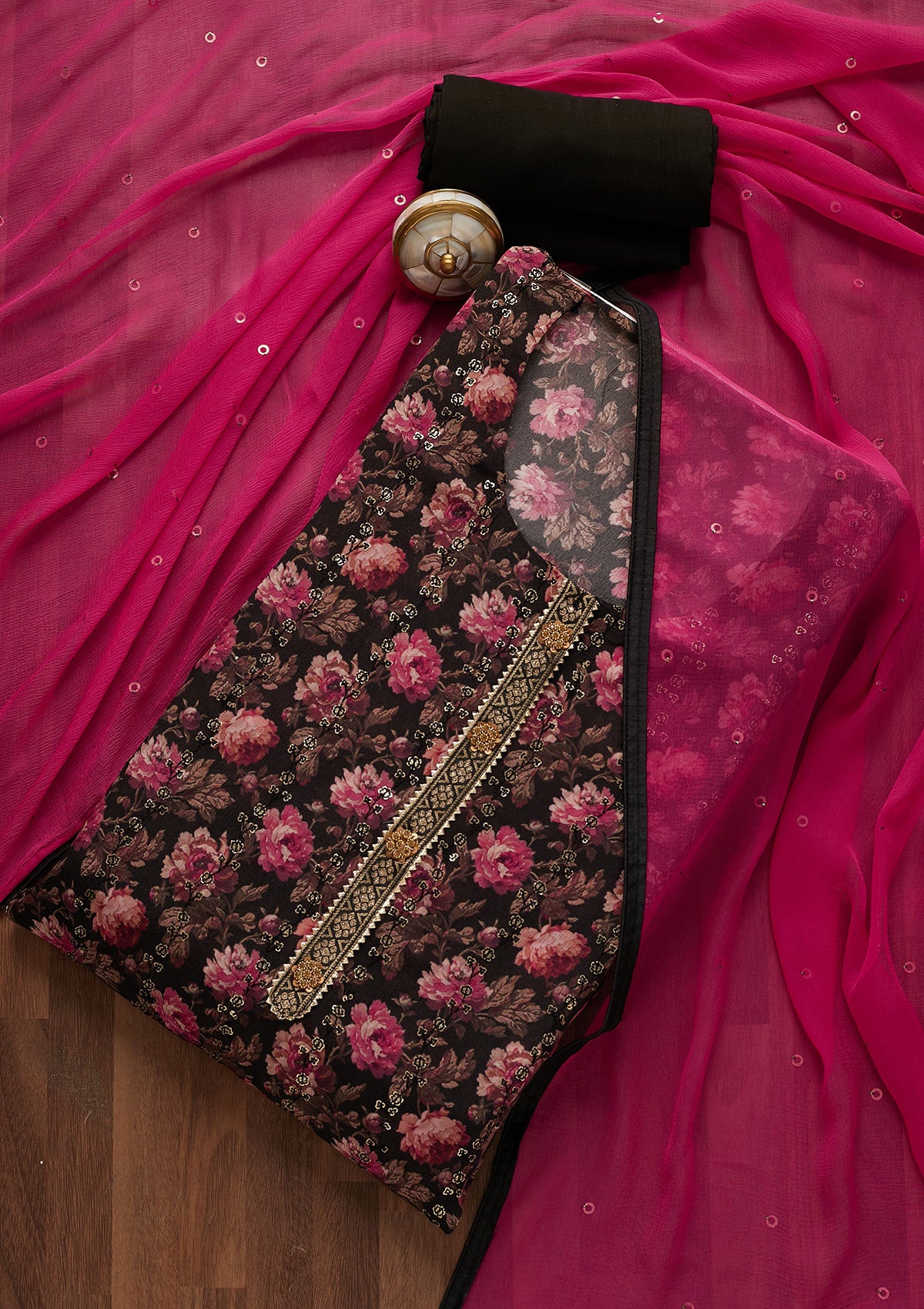 Black Sequins Georgette Unstitched Salwar Suit-Koskii