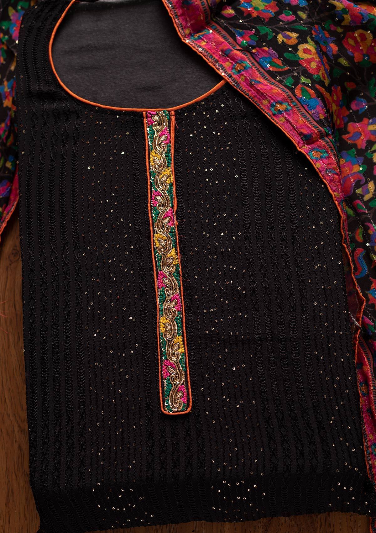 Black Sequins Semi Crepe Designer Semi-Stitched Salwar Suit - koskii