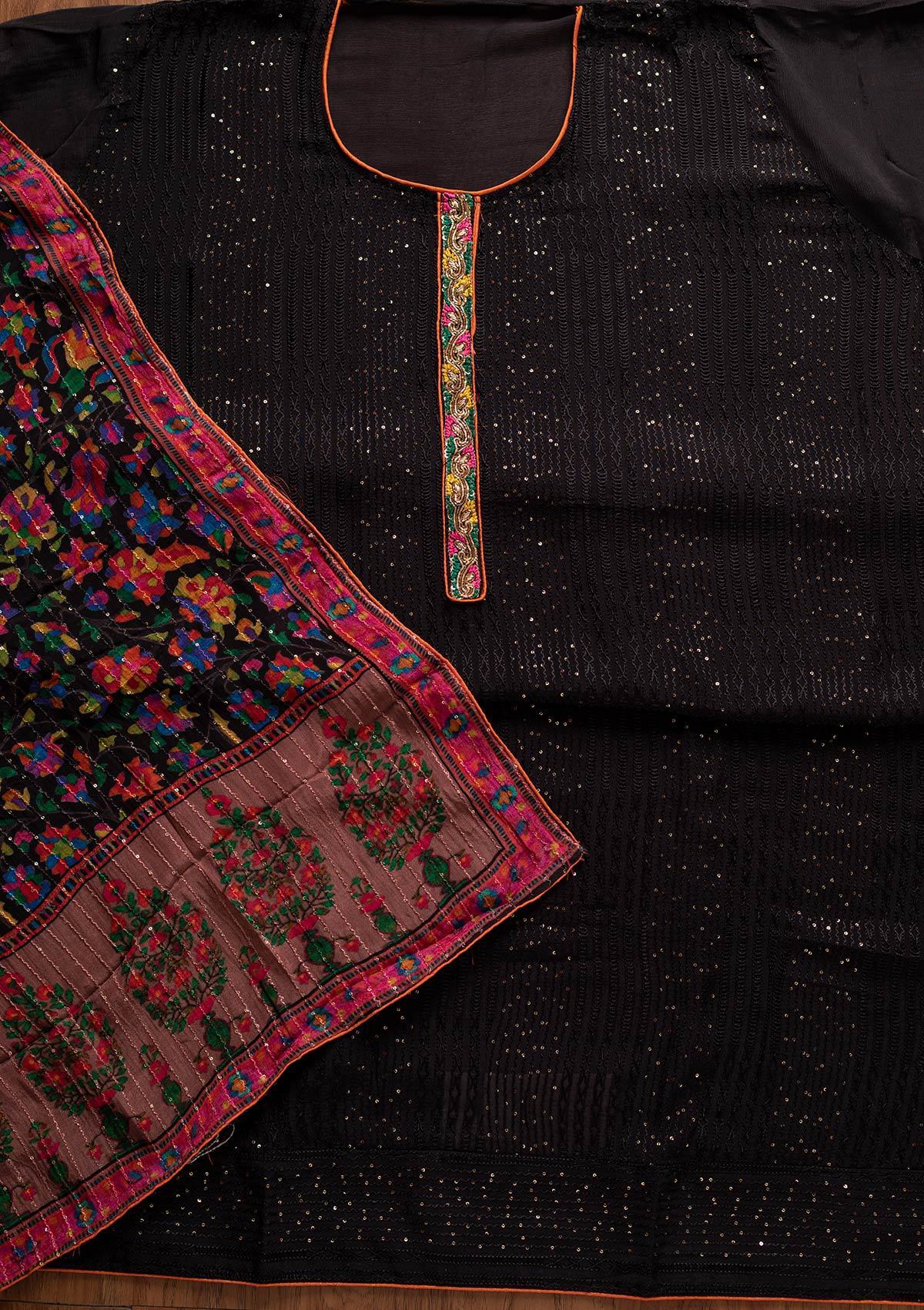 Black Sequins Semi Crepe Designer Semi-Stitched Salwar Suit - koskii
