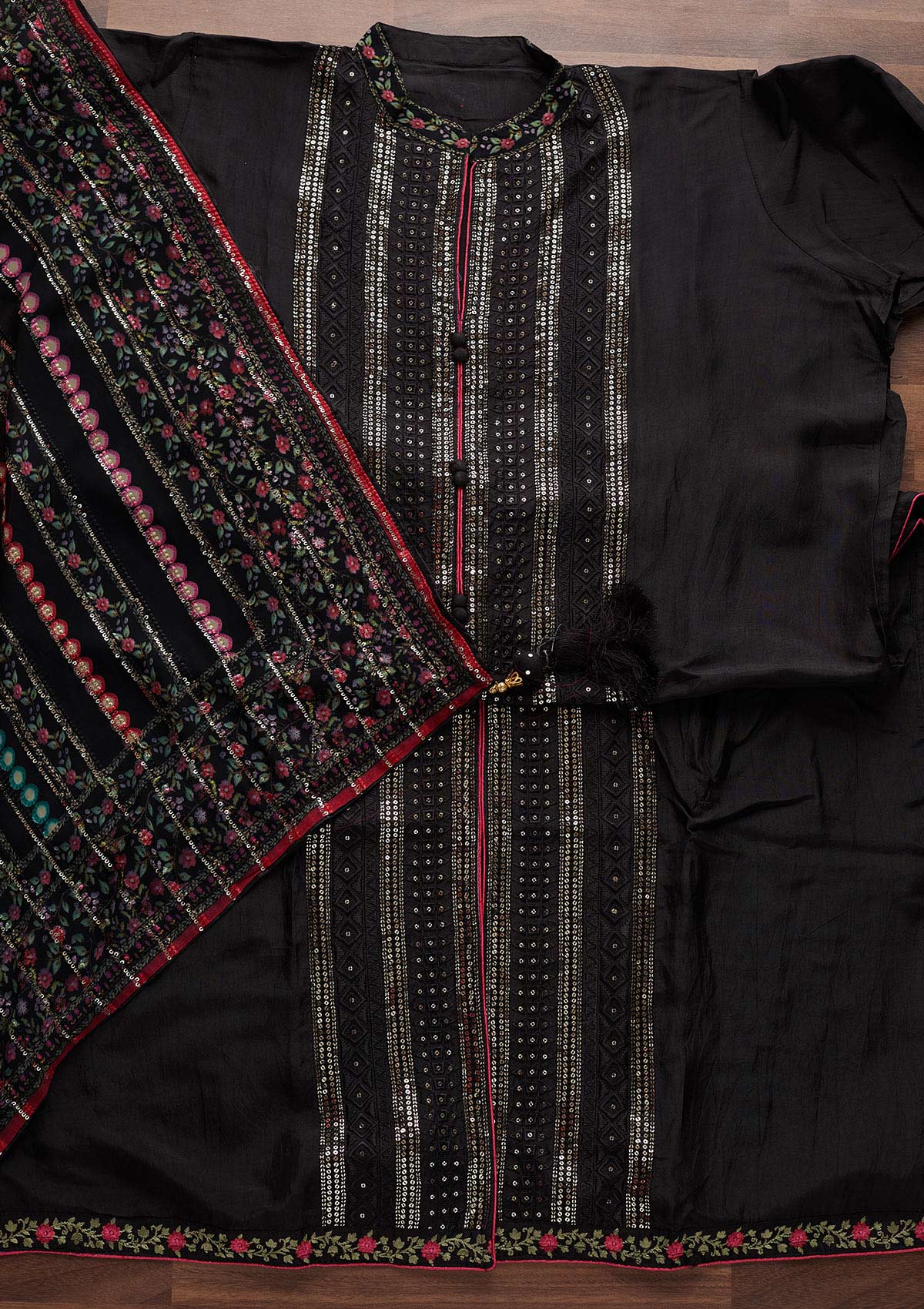 Black Sequins Semi Crepe Designer Semi-Stitched Salwar Suit - Koskii