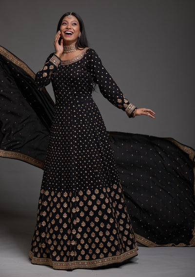 Black Stonework Raw Silk Designer Anarkali Suit-Koskii