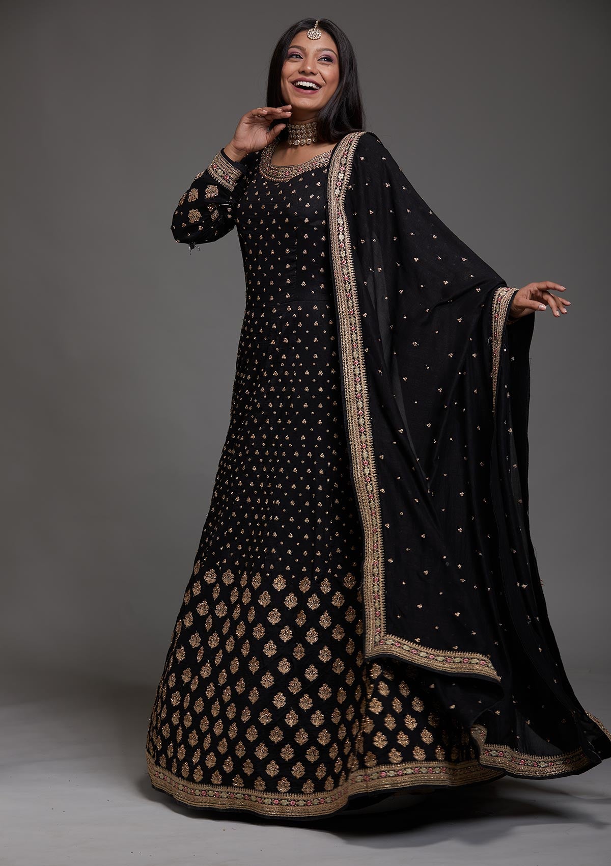 Black Stonework Raw Silk Designer Anarkali Suit-Koskii