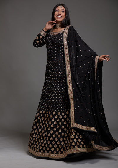 Black Stonework Raw Silk Designer Anarkali Suit-Koskii