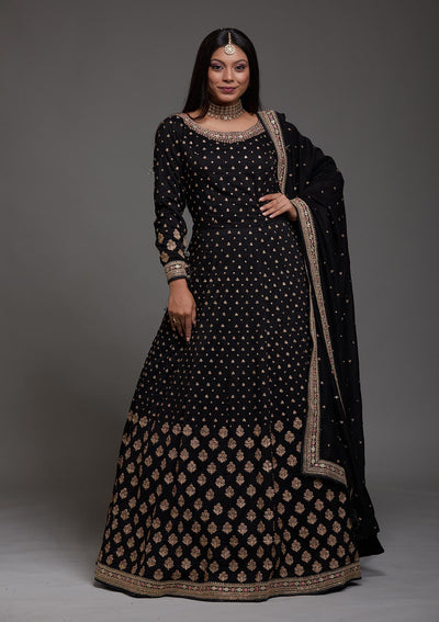 Black Stonework Raw Silk Designer Anarkali Suit-Koskii