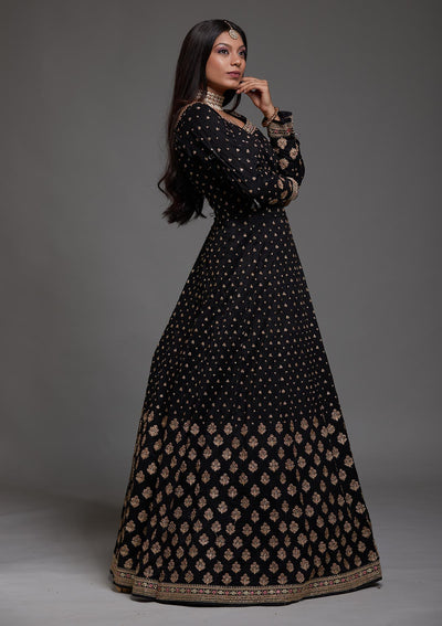 Black Stonework Raw Silk Designer Anarkali Suit-Koskii