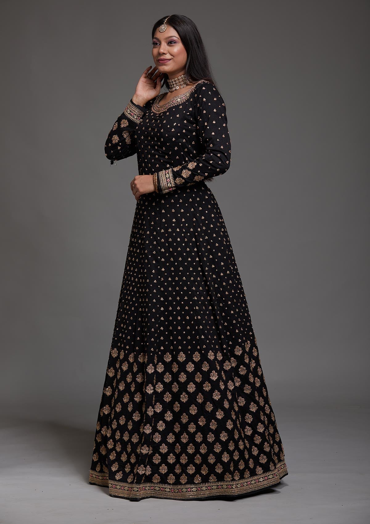 Black Stonework Raw Silk Designer Anarkali Suit-Koskii