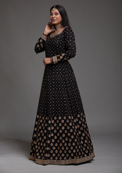 Black Stonework Raw Silk Designer Anarkali Suit-Koskii