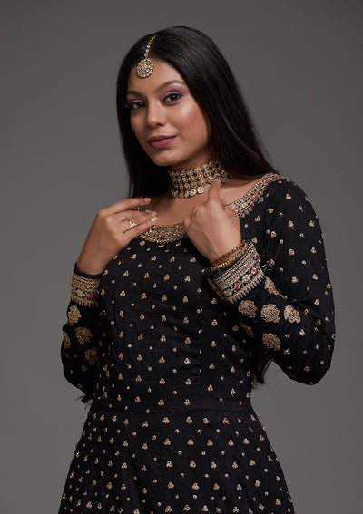Black Stonework Raw Silk Designer Anarkali Suit-Koskii