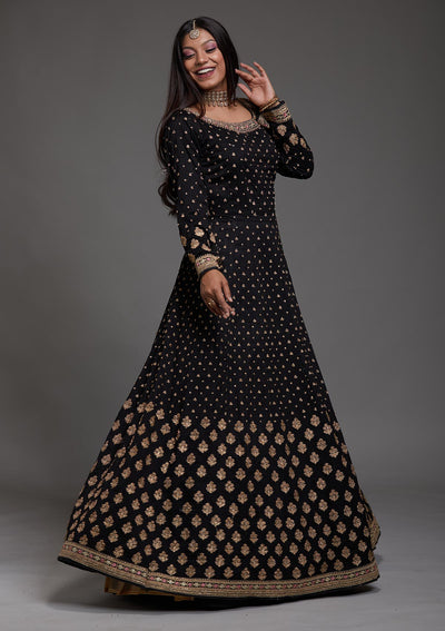 Black Stonework Raw Silk Designer Anarkali Suit-Koskii