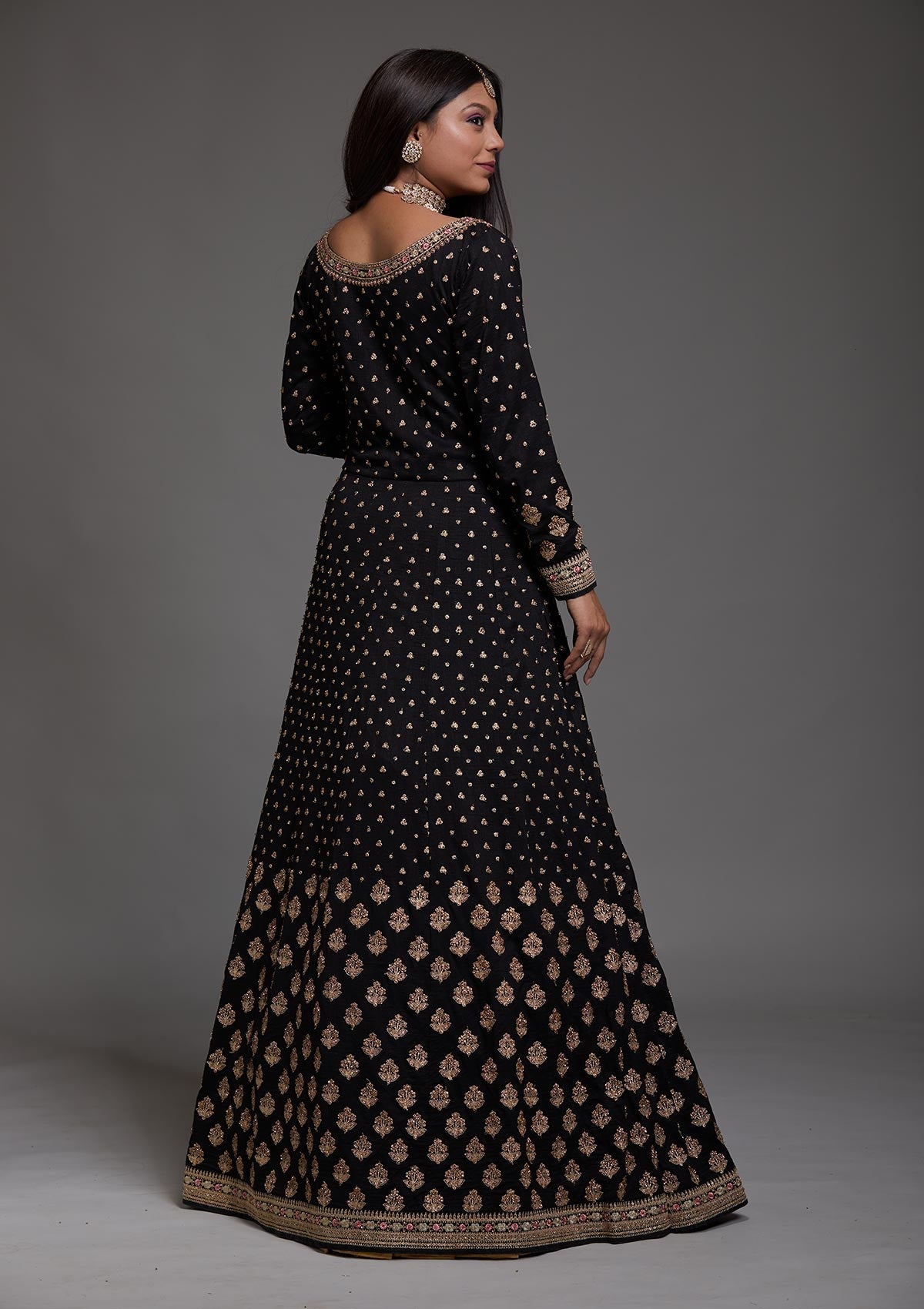Black Stonework Raw Silk Designer Anarkali Suit-Koskii