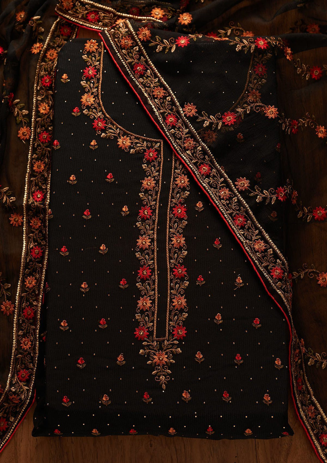 Black Swarovski Georgette Designer Unstitched Salwar Suit - koskii