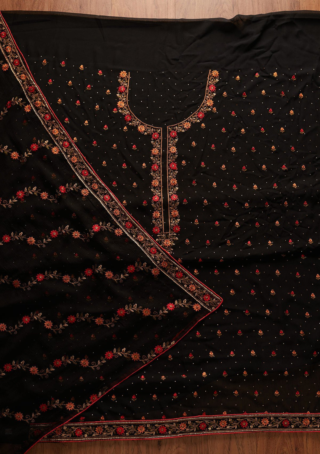 Black Swarovski Georgette Designer Unstitched Salwar Suit - koskii