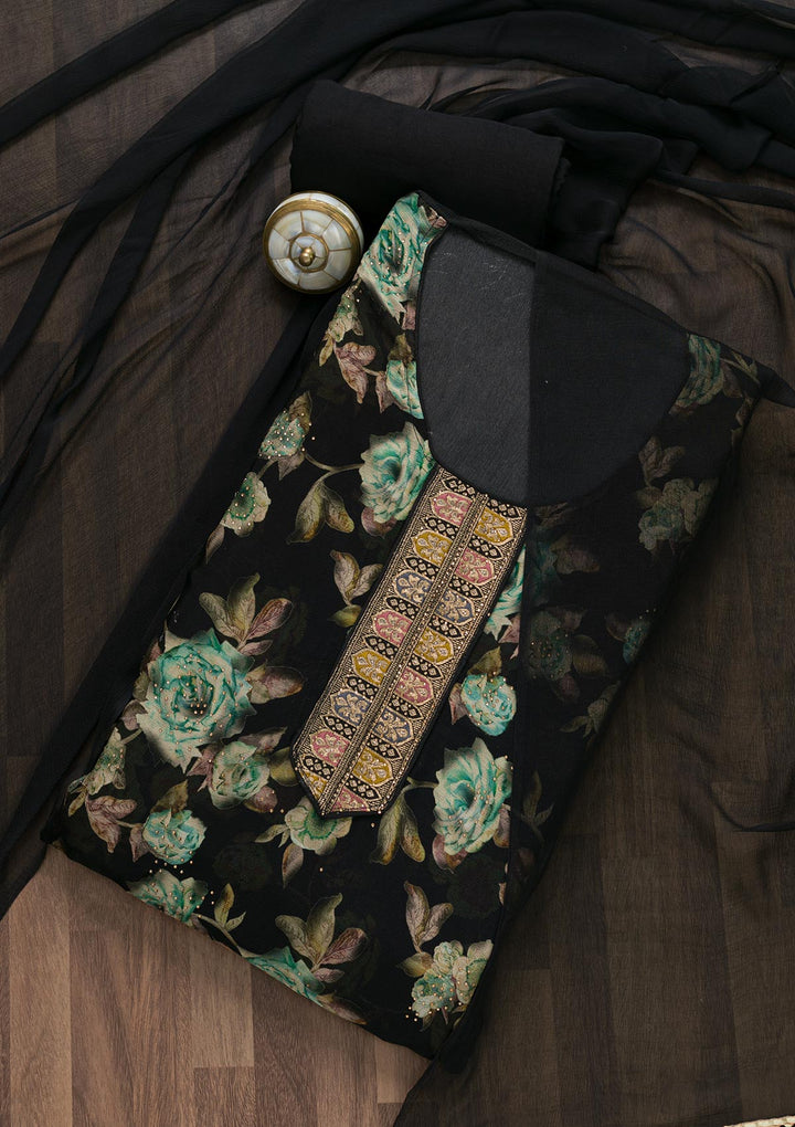 Black Semi Crepe Swarovski Unstitched Salwar Suit-Koskii