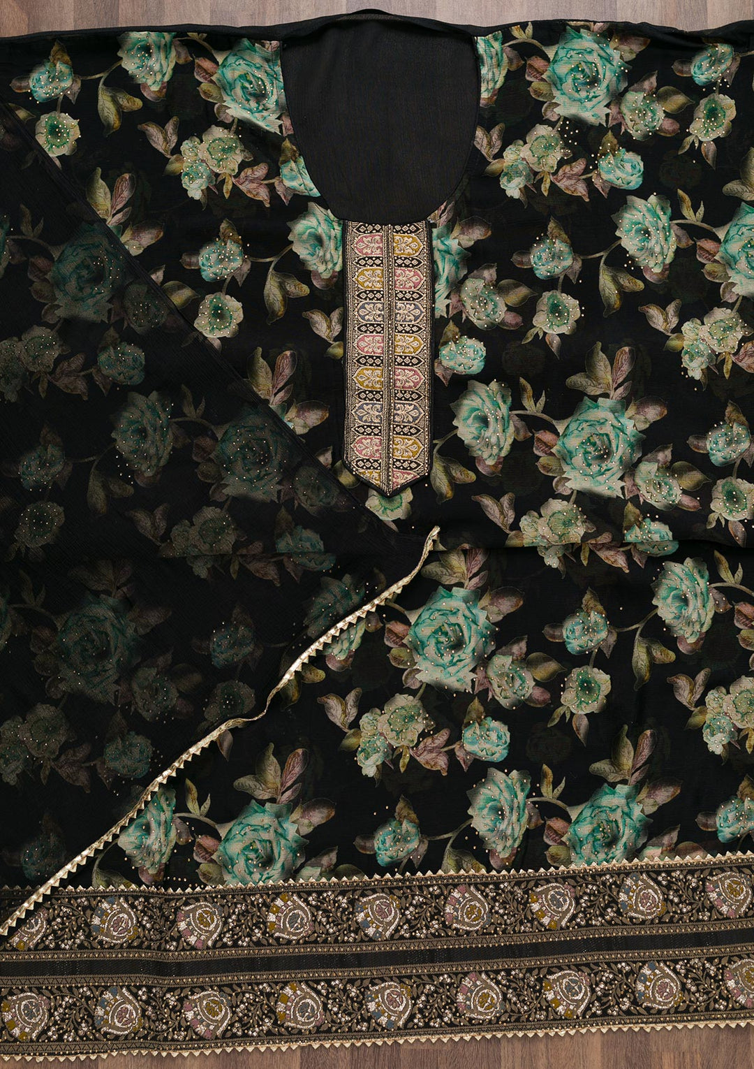 Black Semi Crepe Swarovski Unstitched Salwar Suit-Koskii