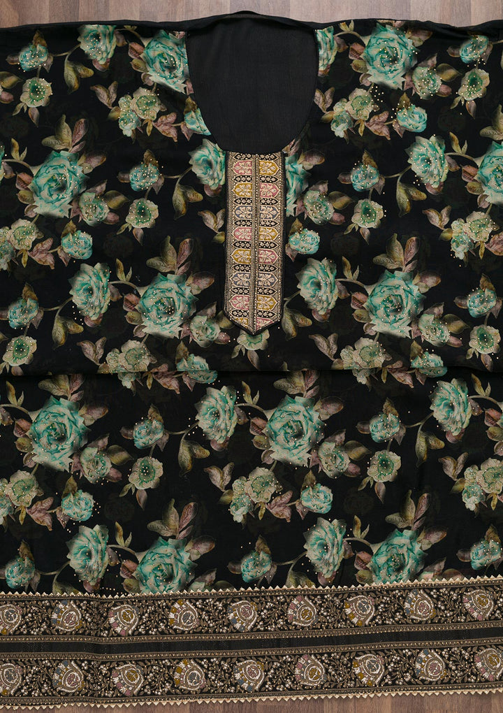 Black Semi Crepe Swarovski Unstitched Salwar Suit-Koskii
