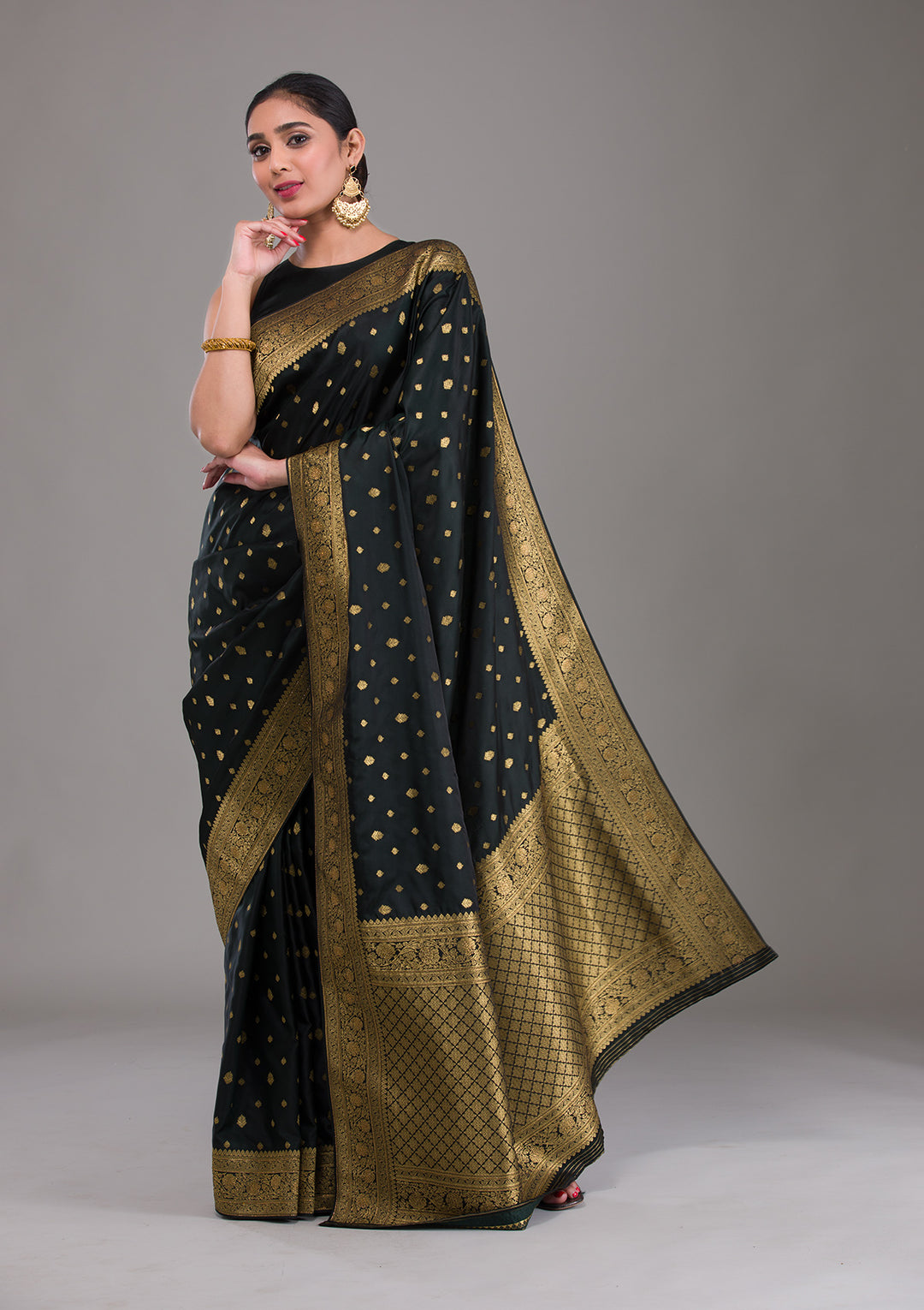 Black Swarovski Silk Satin Saree-Koskii