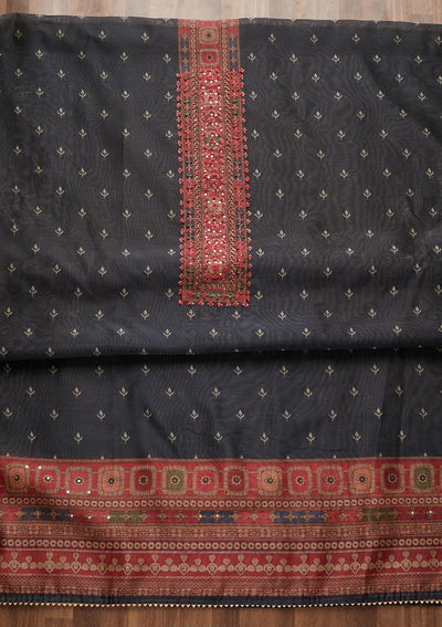 Black Threadwork Chanderi Unstitched Salwar Suit - Koskii