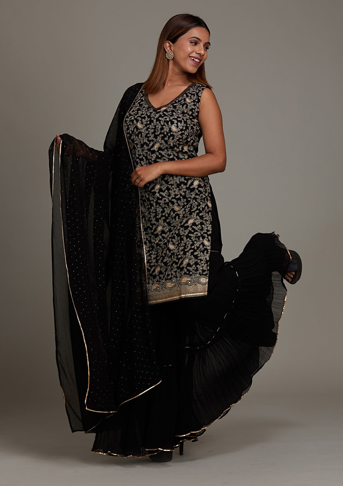 Black Threadwork Georgette Salwar Suit-Koskii