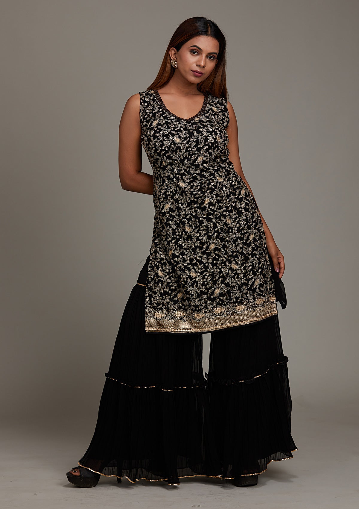 Black Threadwork Georgette Salwar Suit-Koskii