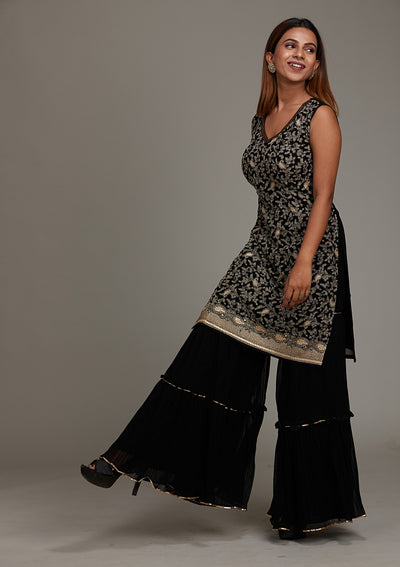 Black Threadwork Georgette Salwar Suit-Koskii