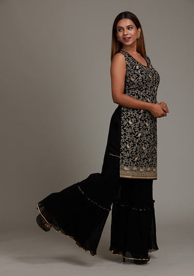 Black Threadwork Georgette Salwar Suit-Koskii
