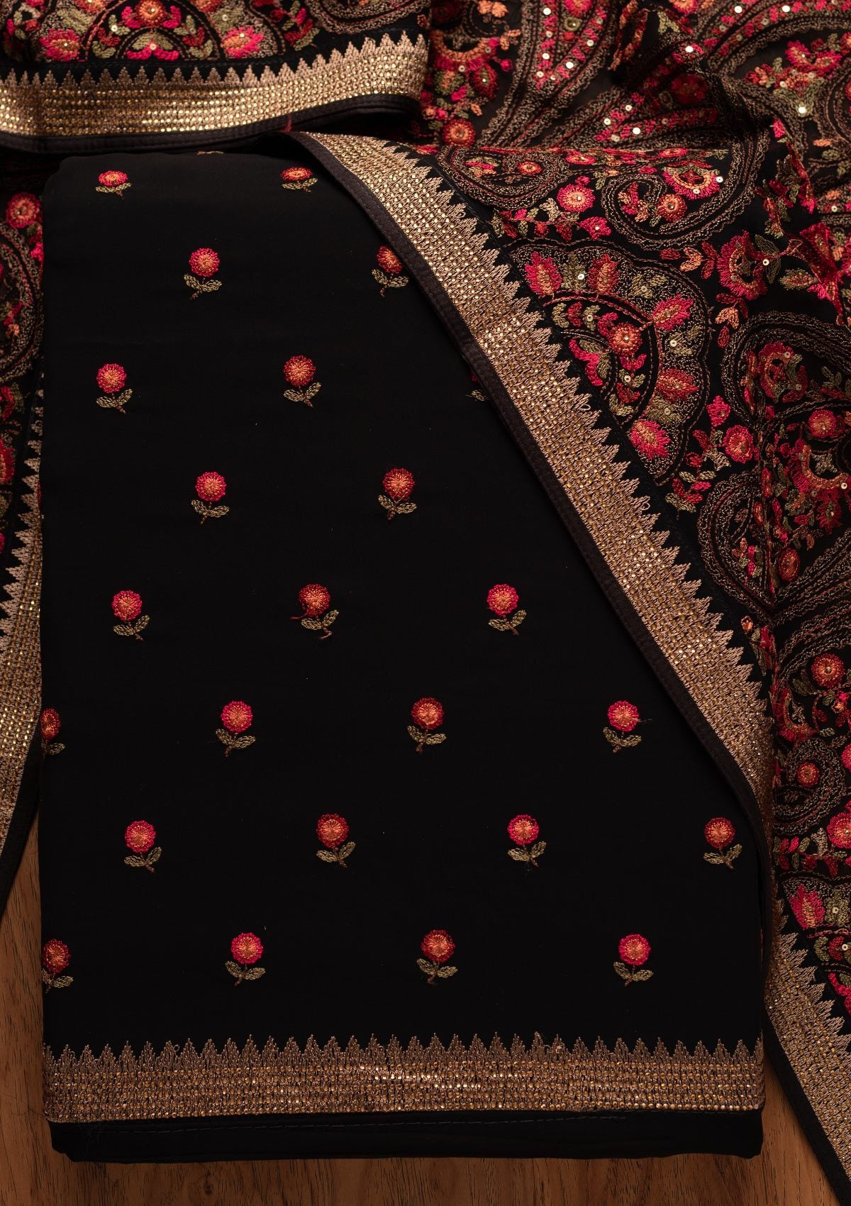 Buy Black Threadwork Georgette Unstitched Salwar Suit - Koskii