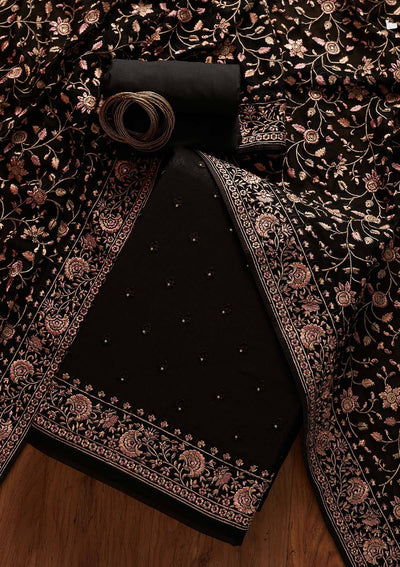 Black Threadwork Georgette Designer Unstitched Salwar Suit - koskii