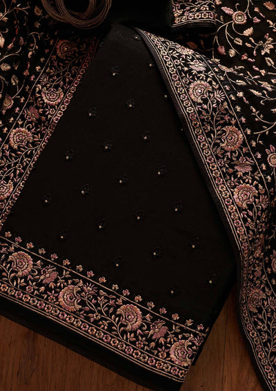 Black Threadwork Georgette Designer Unstitched Salwar Suit - koskii