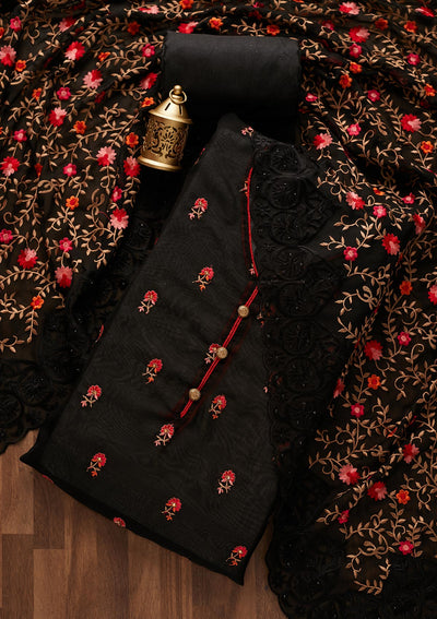 Black Threadwork Georgette Designer Unstitched Salwar Suit - Koskii