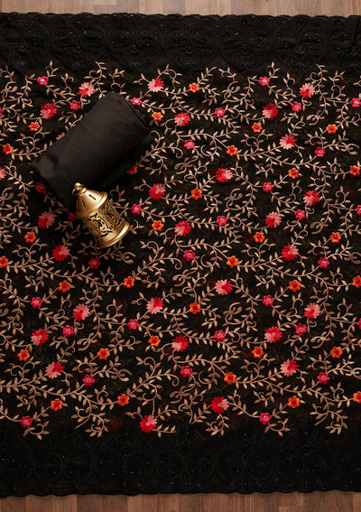 Black Threadwork Georgette Designer Unstitched Salwar Suit - Koskii