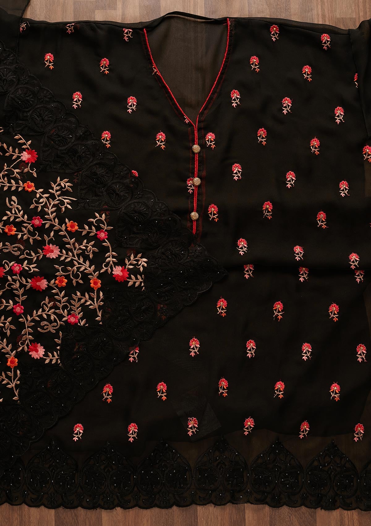 Black Threadwork Georgette Designer Unstitched Salwar Suit - Koskii