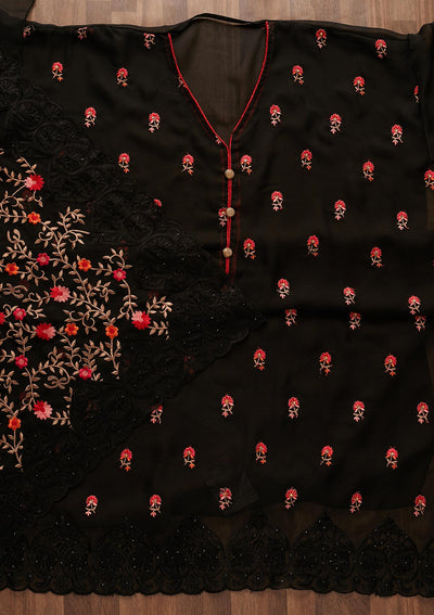 Black Threadwork Georgette Designer Unstitched Salwar Suit - Koskii