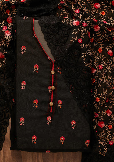 Black Threadwork Georgette Designer Unstitched Salwar Suit - Koskii
