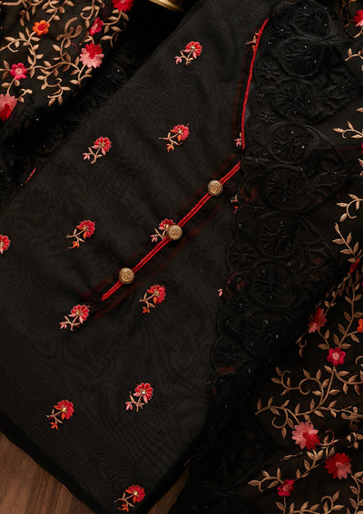 Black Threadwork Georgette Designer Unstitched Salwar Suit - Koskii
