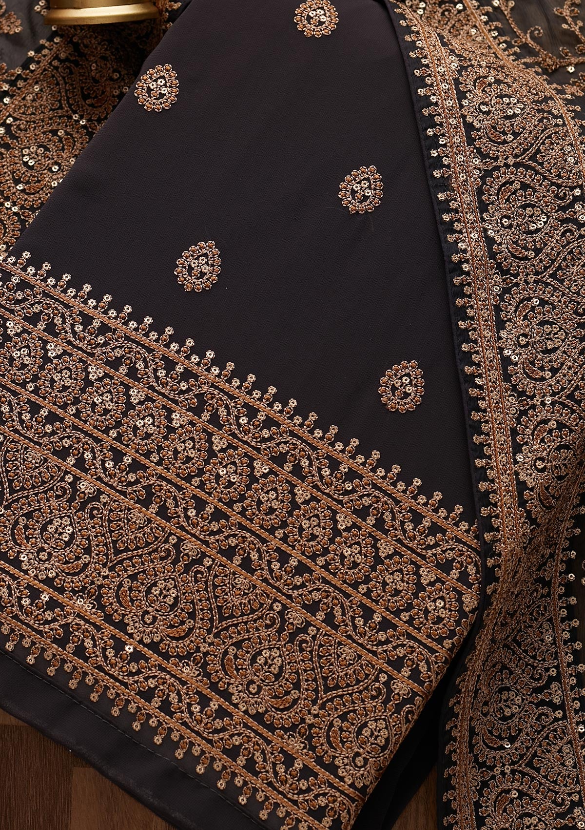 Black Threadwork Georgette Unstitched Salwar Suit - Koskii