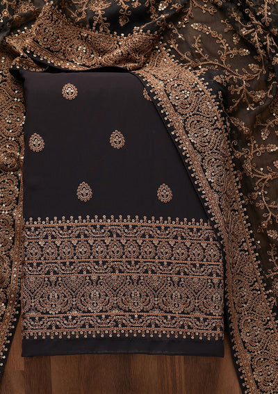 Black Threadwork Georgette Unstitched Salwar Suit - Koskii
