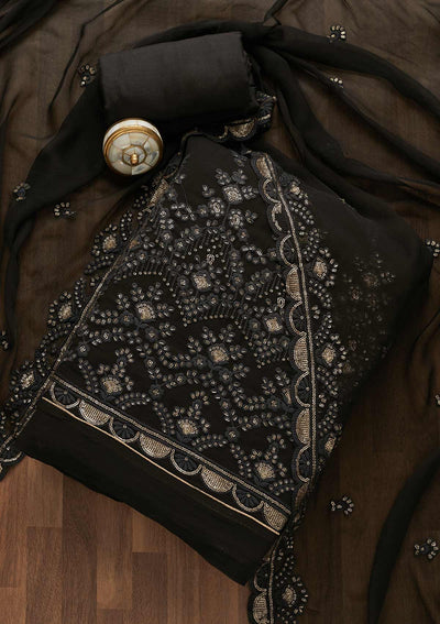 Black Threadwork Georgette Unstitched Salwar Suit-Koskii