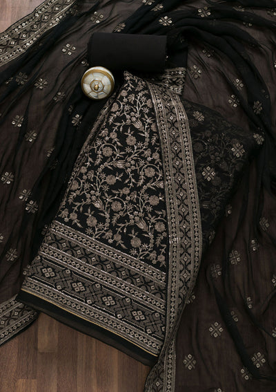 Black Threadwork Georgette Unstitched Salwar Suit-Koskii