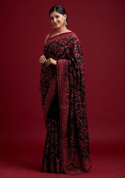 Black Threadwork Georgette Designer Saree - koskii