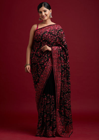 Black Threadwork Georgette Designer Saree - koskii