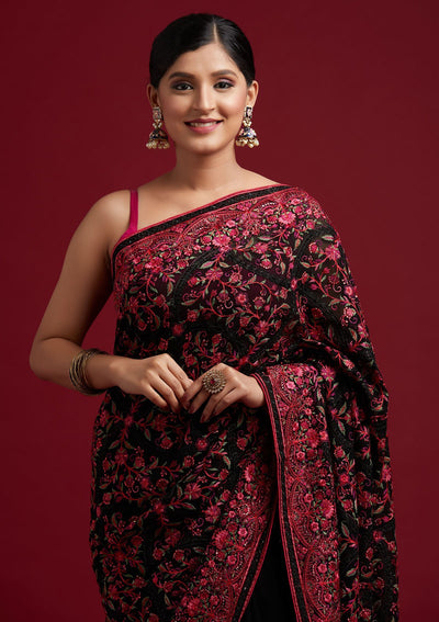 Black Threadwork Georgette Designer Saree - koskii