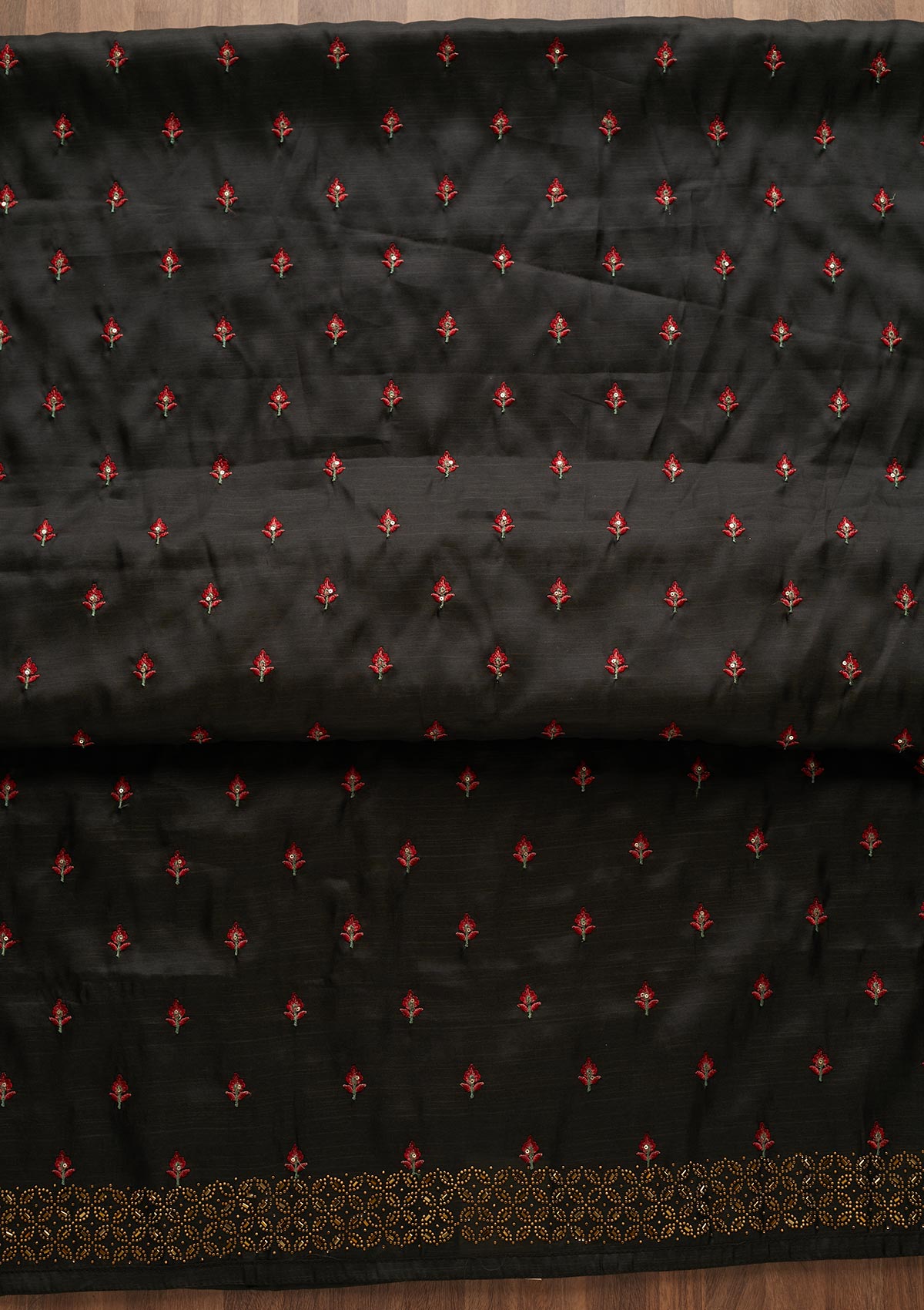 Black Threadwork Raw Silk Unstitched Salwar Suit-Koskii