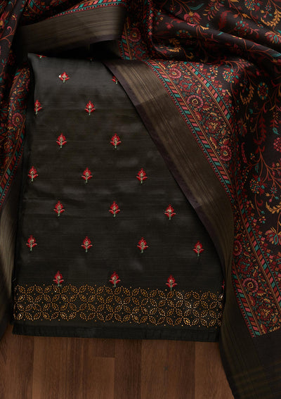 Black Threadwork Raw Silk Unstitched Salwar Suit-Koskii
